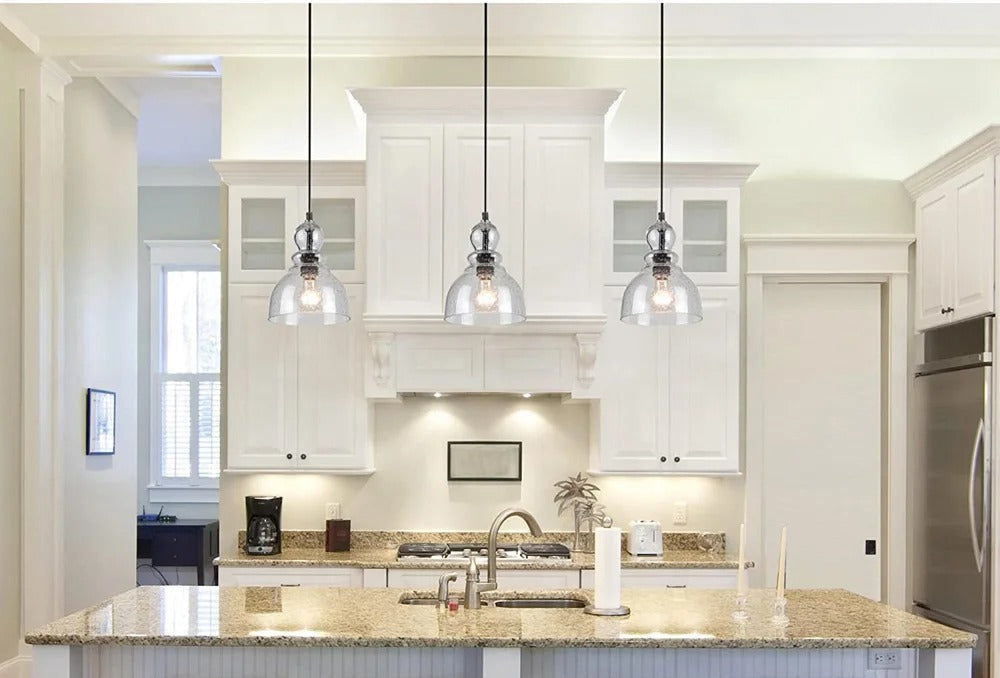 Black pendant lamp with clear rounded glass shade