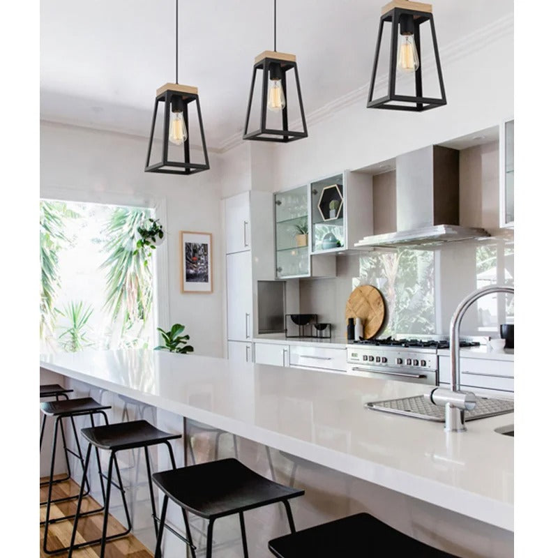 Black pendant lamp with open frame and wooden top detail