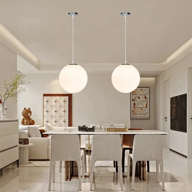 White pendant lamp with spherical frosted glass shade