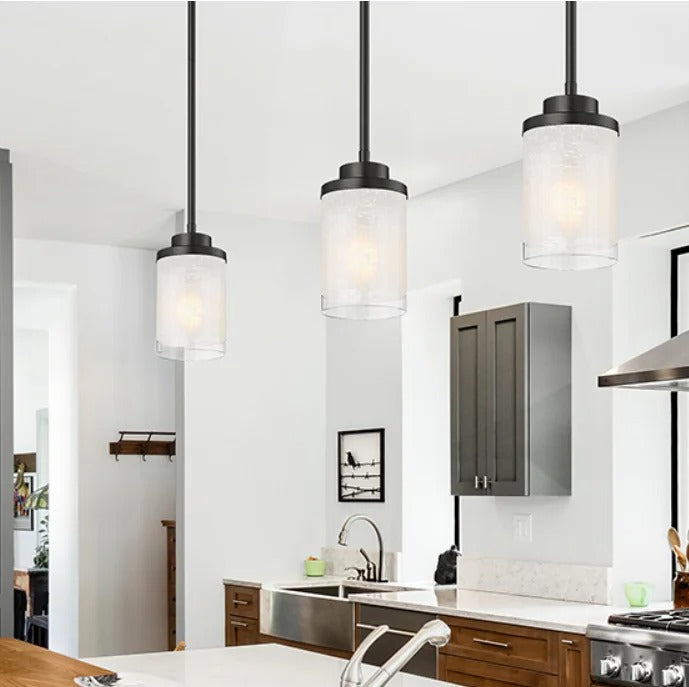Black pendant lamp with cylindrical frosted glass shade