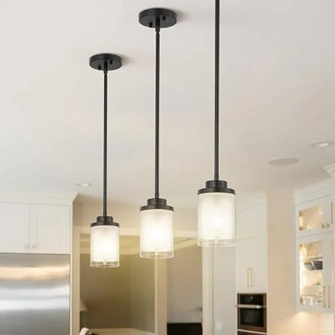 Black pendant lamp with cylindrical frosted glass shade