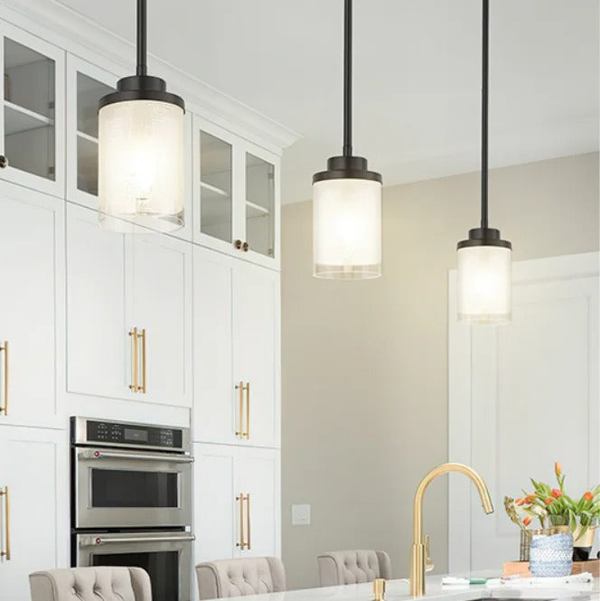Black pendant lamp with cylindrical frosted glass shade