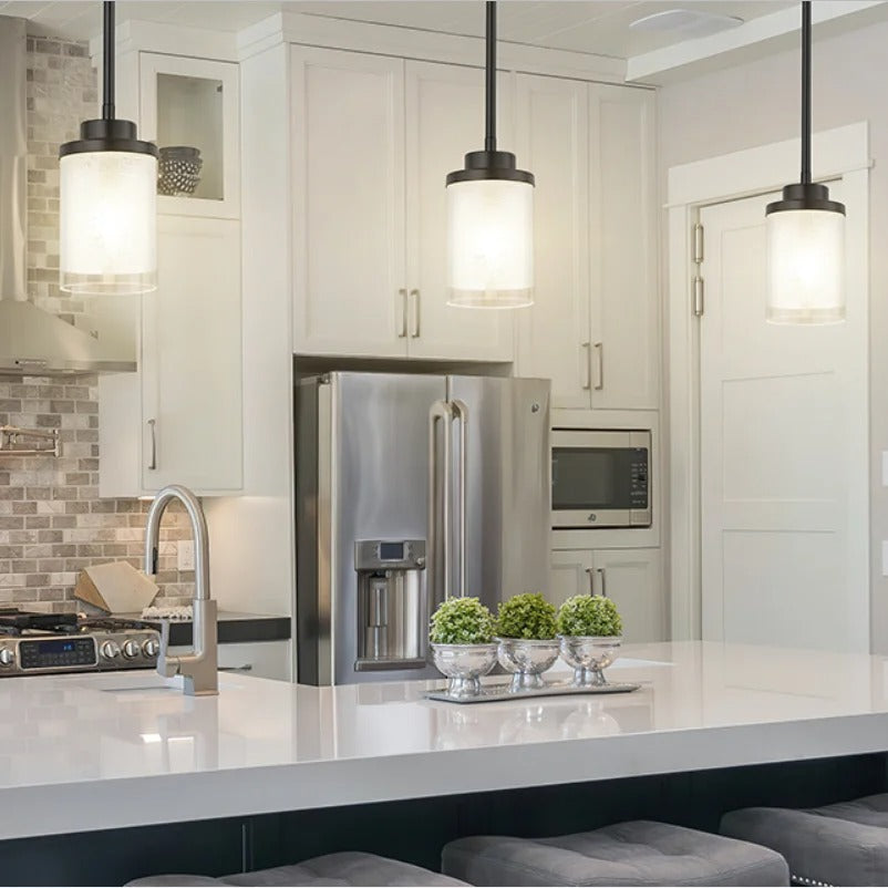 Black pendant lamp with cylindrical frosted glass shade