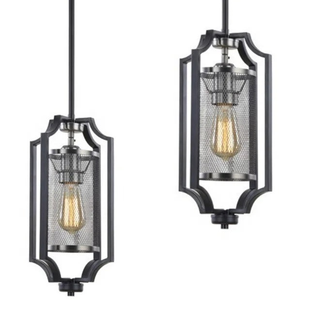 Black pendant lamp with mesh cylinder and decorative frame