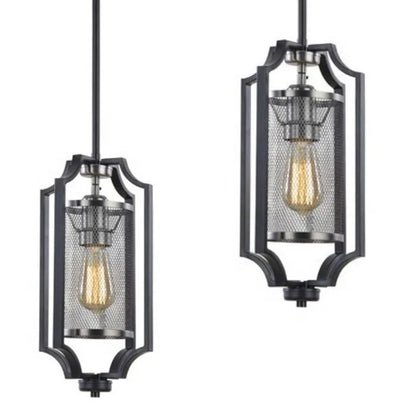 Black pendant lamp with mesh cylinder and decorative frame
