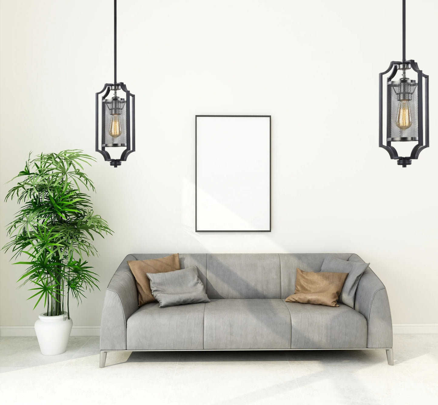 Black pendant lamp with mesh cylinder and decorative frame