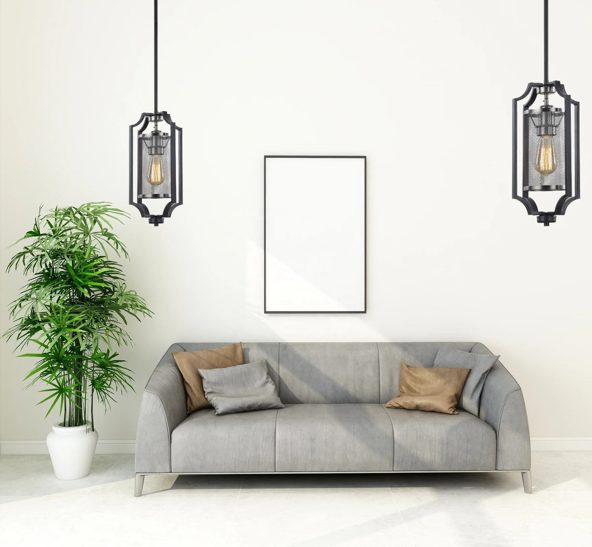 Black pendant lamp with mesh cylinder and decorative frame