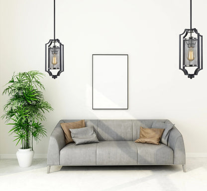 Black pendant lamp with mesh cylinder and decorative frame