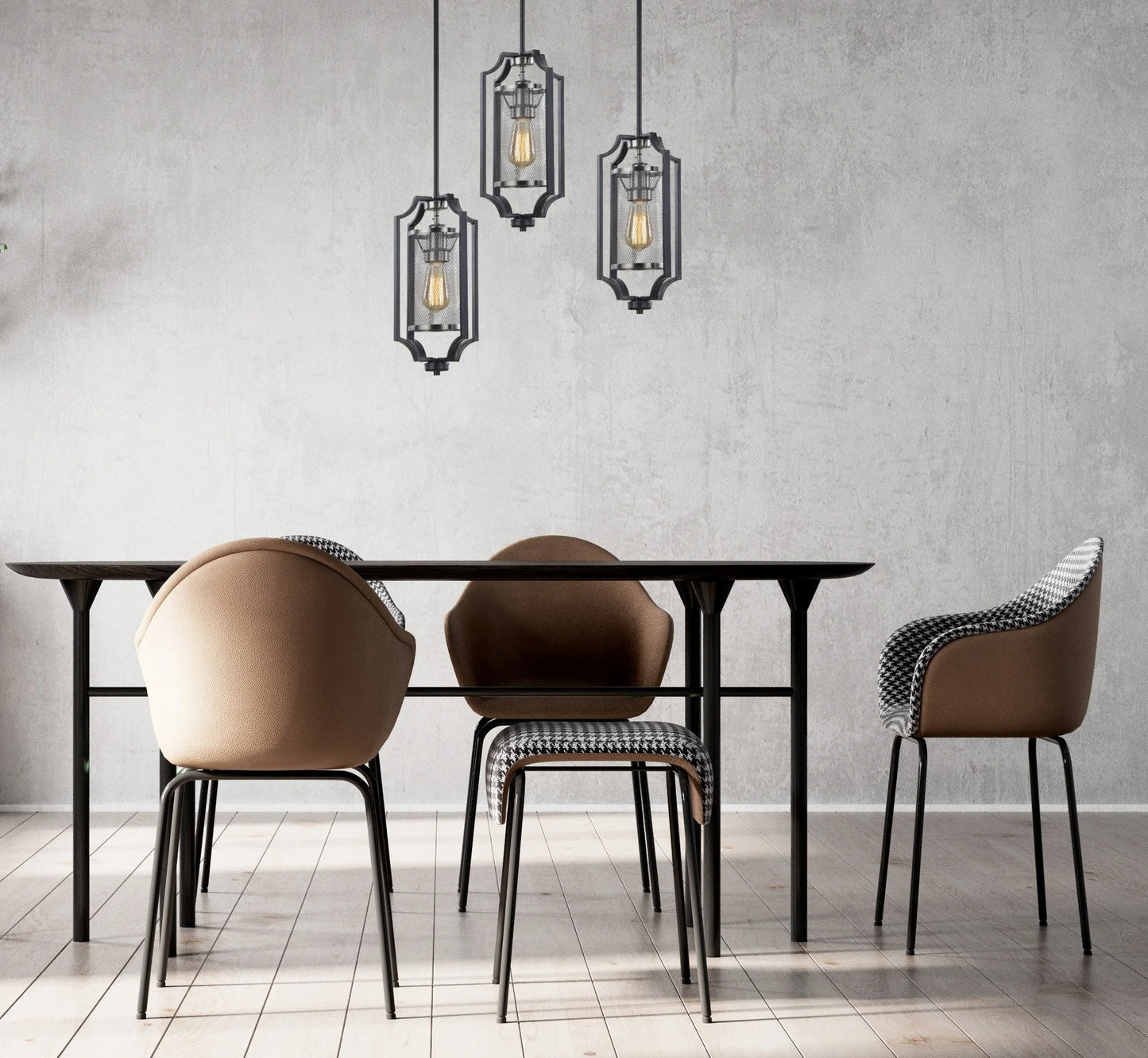Black pendant lamp with mesh cylinder and decorative frame