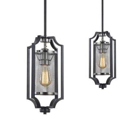 Black pendant lamp with mesh cylinder and decorative frame