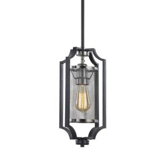 Black pendant lamp with mesh cylinder and decorative frame
