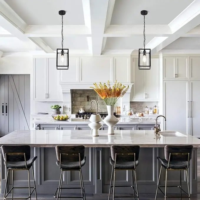 Black pendant lamp with open frame and inner glass cylinder