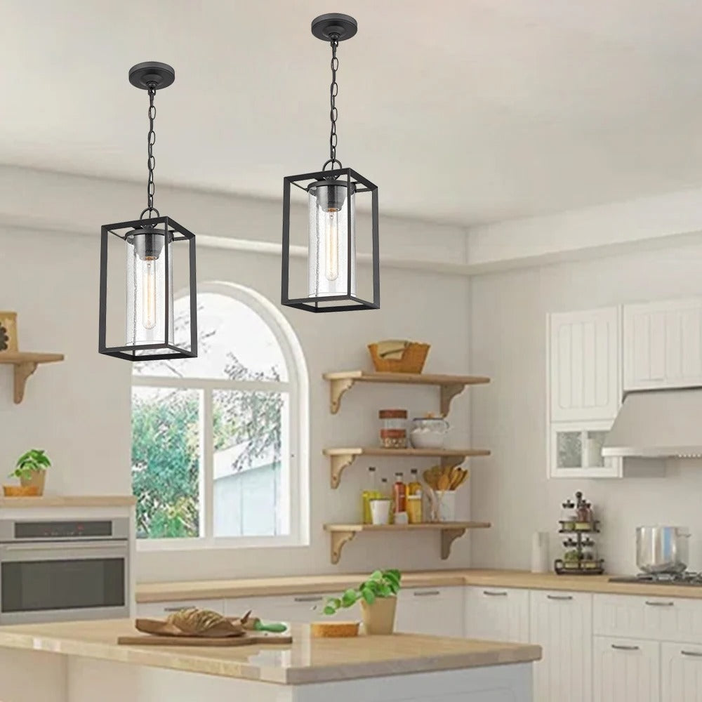 Black pendant lamp with open frame and inner glass cylinder