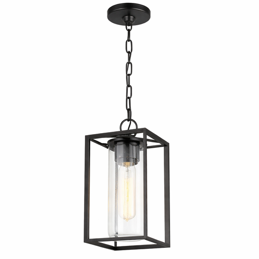 Black pendant lamp with open frame and inner glass cylinder