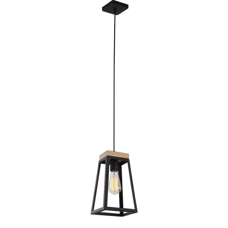 Black pendant lamp with open frame and wooden top detail