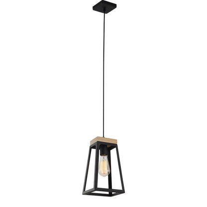 Black pendant lamp with open frame and wooden top detail