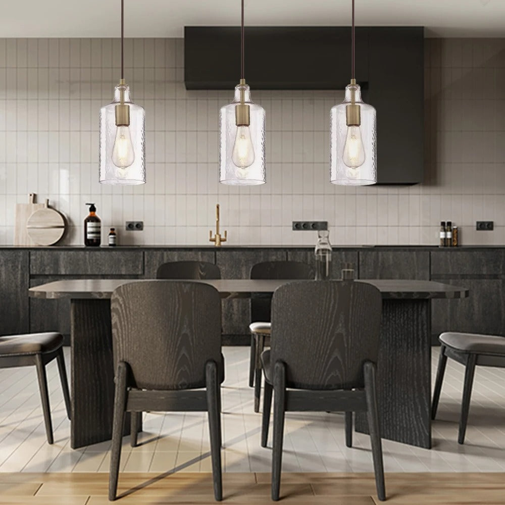 Brass pendant lamp with clear cylindrical glass shade