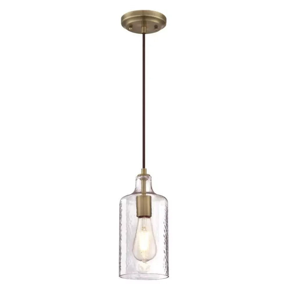 Brass pendant lamp with clear cylindrical glass shade
