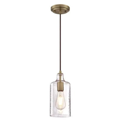 Brass pendant lamp with clear cylindrical glass shade