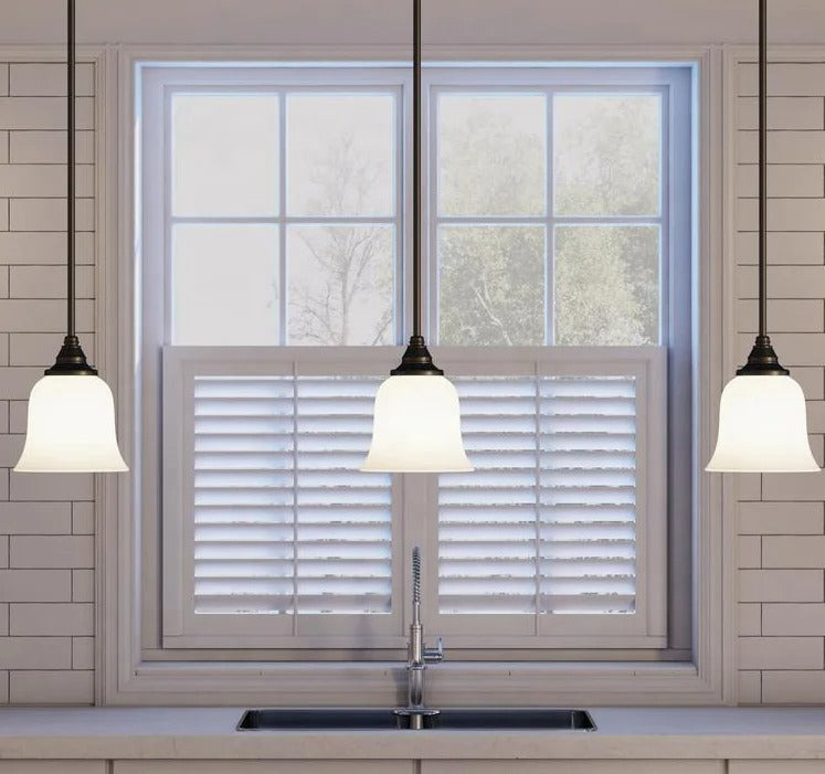 Bronze pendant lamp with bell-shaped frosted glass shade