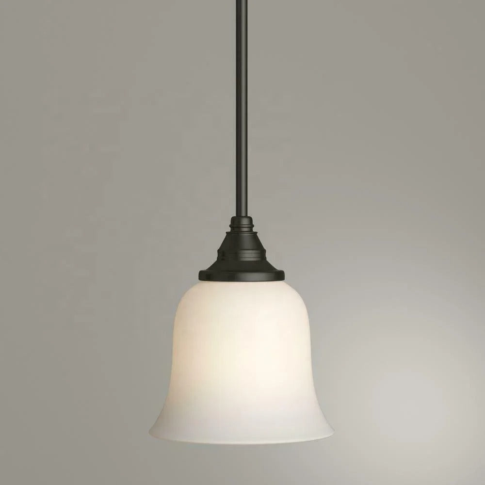 Bronze pendant lamp with bell-shaped frosted glass shade