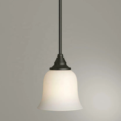 Bronze pendant lamp with bell-shaped frosted glass shade