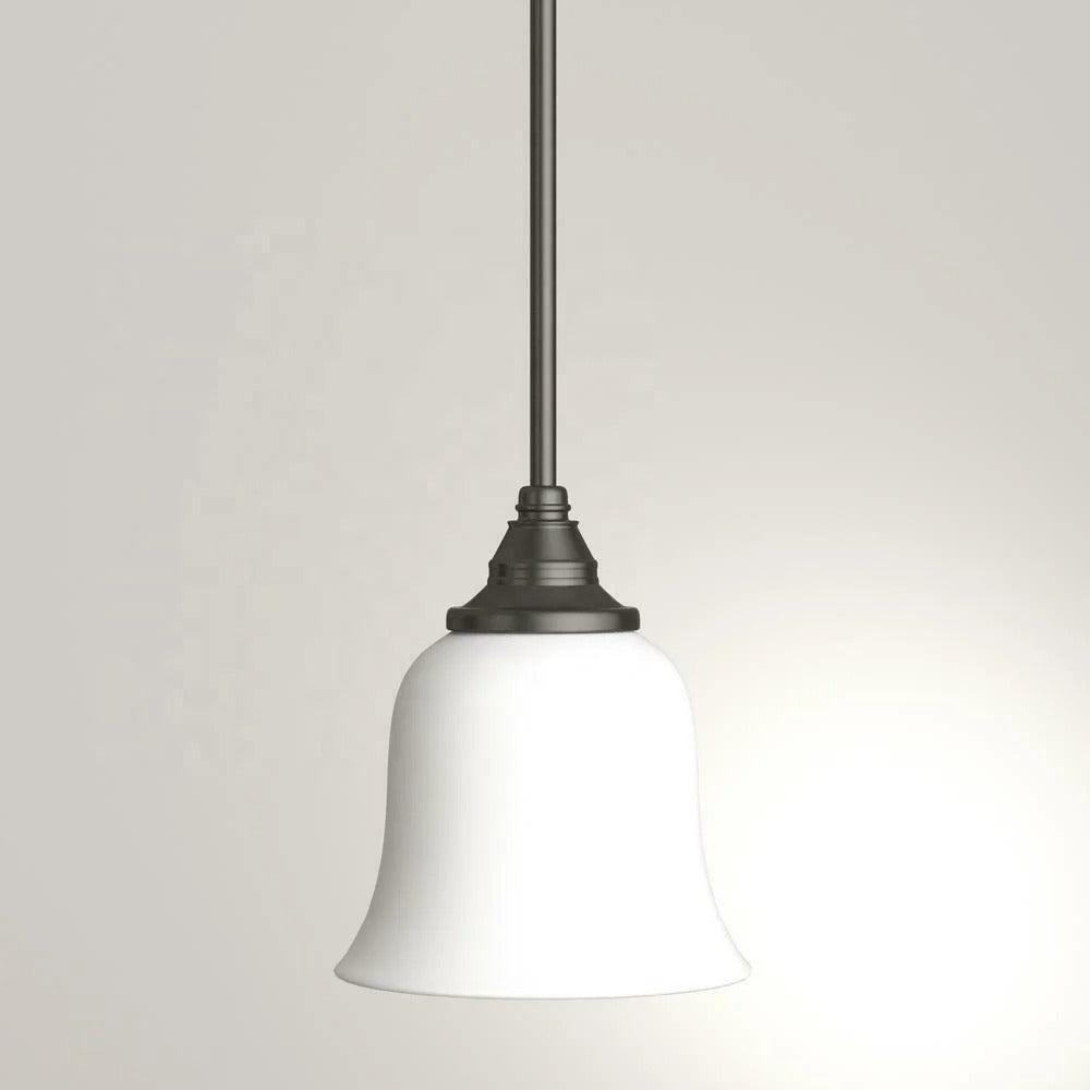 Bronze pendant lamp with bell-shaped frosted glass shade