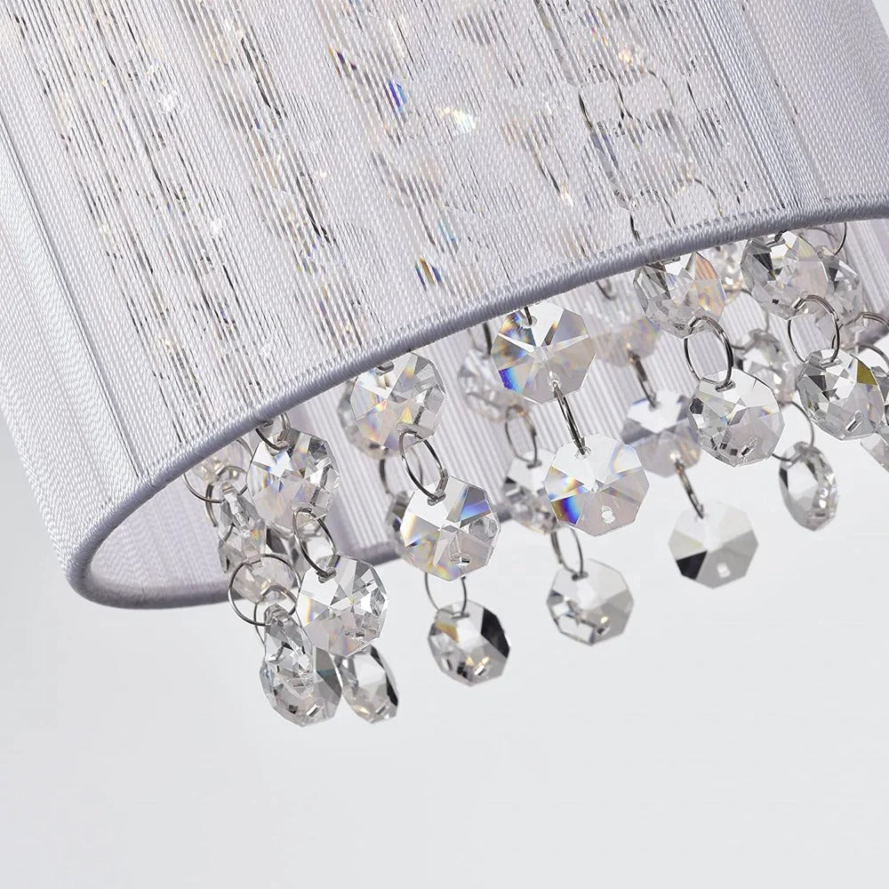 Chrome pendant lamp with cylindrical textured shade and crystals