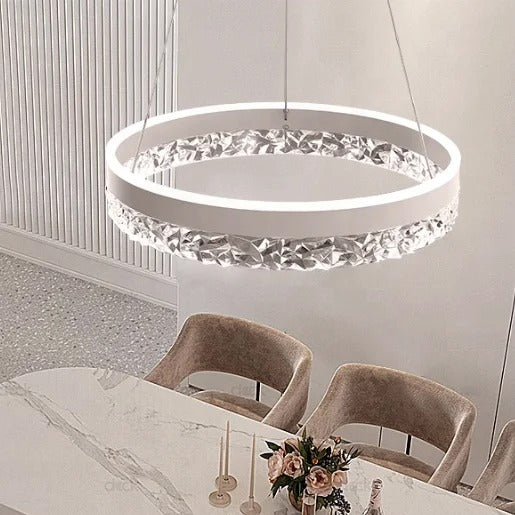 Chrome pendant lamp with textured circular ring shade
