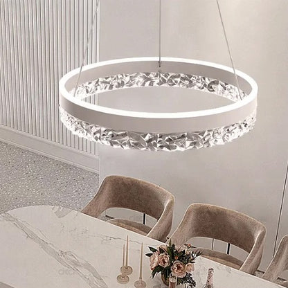 Chrome pendant lamp with textured circular ring shade