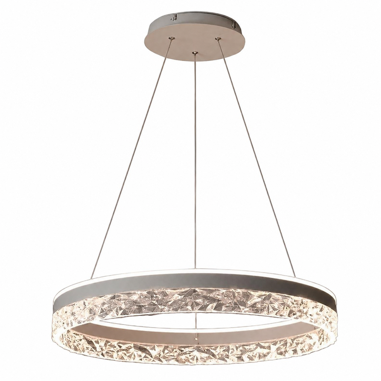 Chrome pendant lamp with textured circular ring shade
