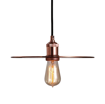Copper-colored pendant lamp with flat disc detail and exposed bulb