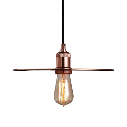 Copper-colored pendant lamp with flat disc detail and exposed bulb