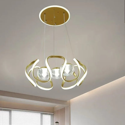 Gold-colored pendant lamp with curved frames and glass spheres
