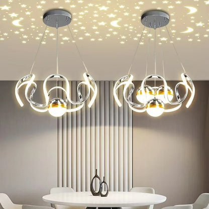 Gold-colored pendant lamp with curved frames and glass spheres