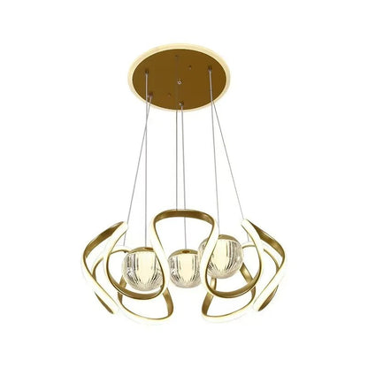 Gold-colored pendant lamp with curved frames and glass spheres