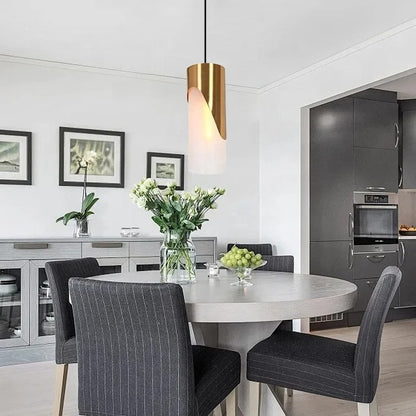 Gold-colored pendant lamp with cylindrical glass shade