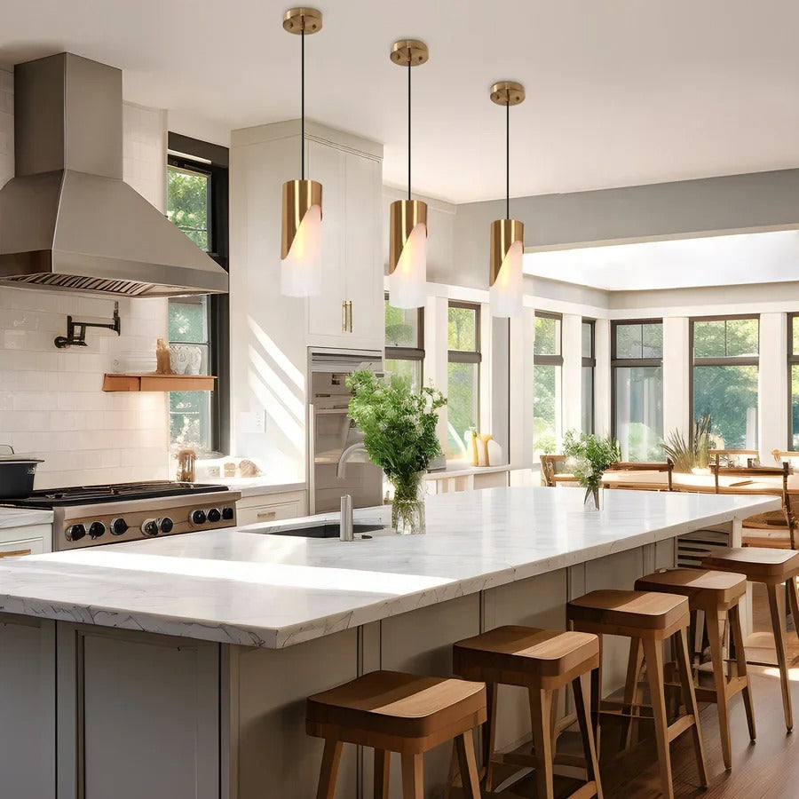 Gold-colored pendant lamp with cylindrical glass shade