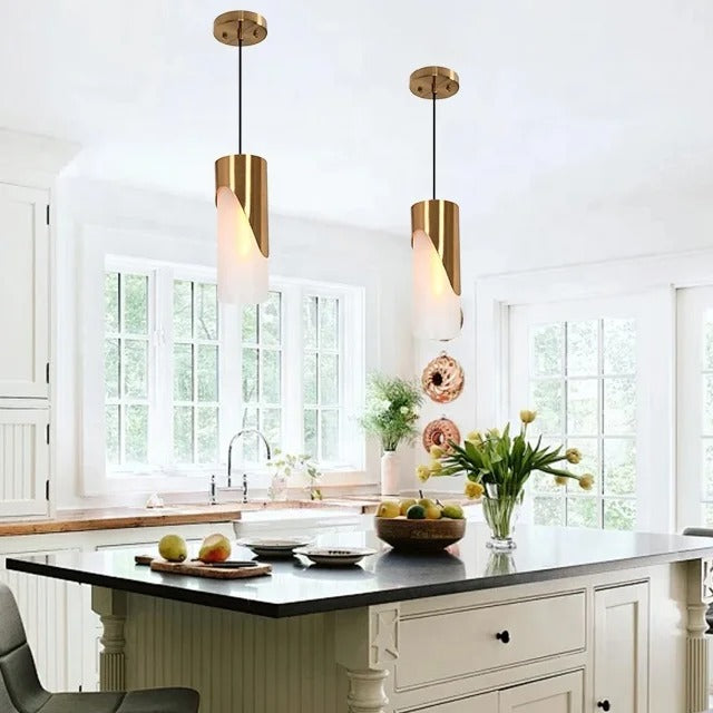 Gold-colored pendant lamp with cylindrical glass shade