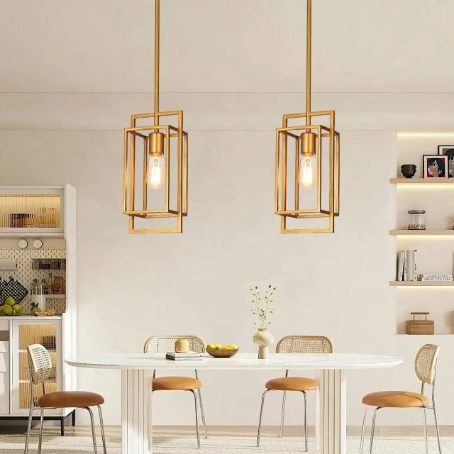 Gold-colored pendant lamp with open rectangular frame