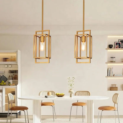 Gold-colored pendant lamp with open rectangular frame