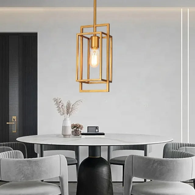 Gold-colored pendant lamp with open rectangular frame
