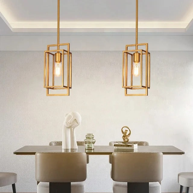 Gold-colored pendant lamp with open rectangular frame