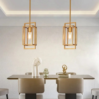 Gold-colored pendant lamp with open rectangular frame
