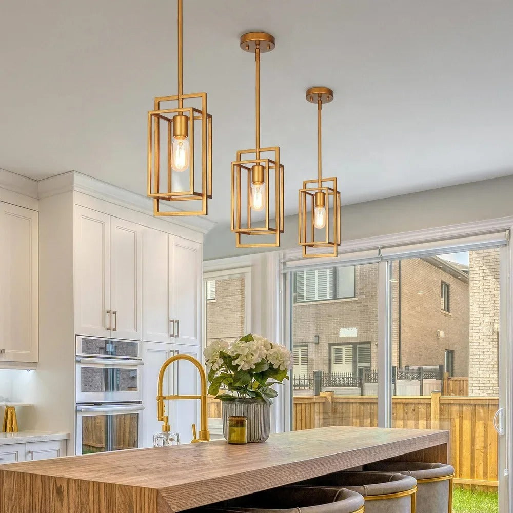 Gold-colored pendant lamp with open rectangular frame