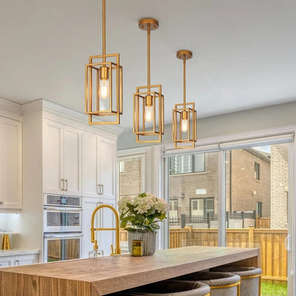 Gold-colored pendant lamp with open rectangular frame