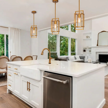Gold-colored pendant lamp with open rectangular frame