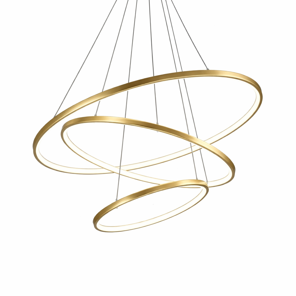 Gold-colored pendant lamp with three circular ring elements