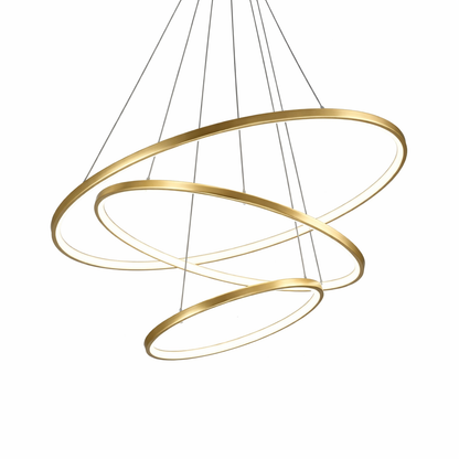 Gold-colored pendant lamp with three circular ring elements