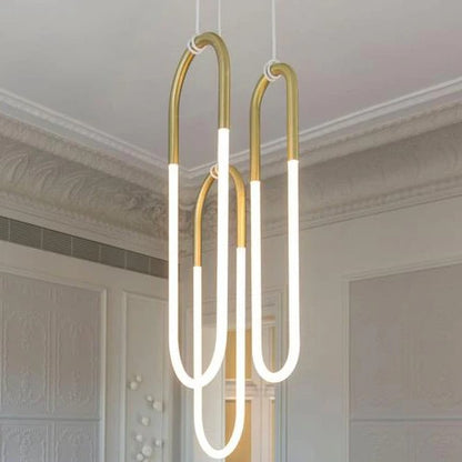 Gold-colored pendant lamp with two U-shaped glass elements